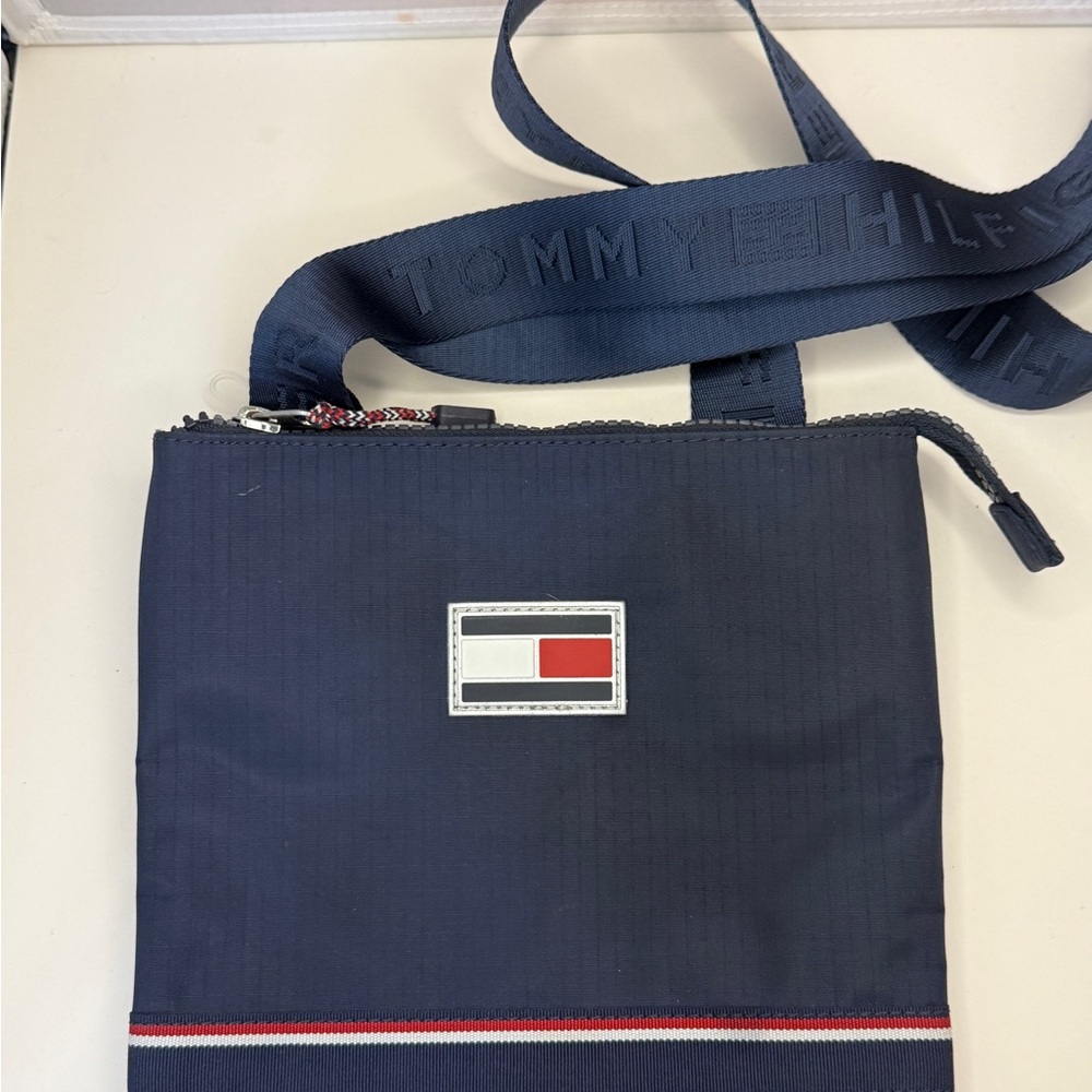 Tommy Hilfiger Blue and Red Messenger Bag with Flag Design